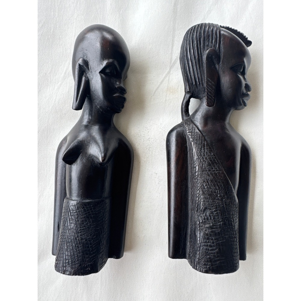 Vintage Hand Carved African Ebony Wood Bust Sculptures Man Woman Set of 2 6.5in